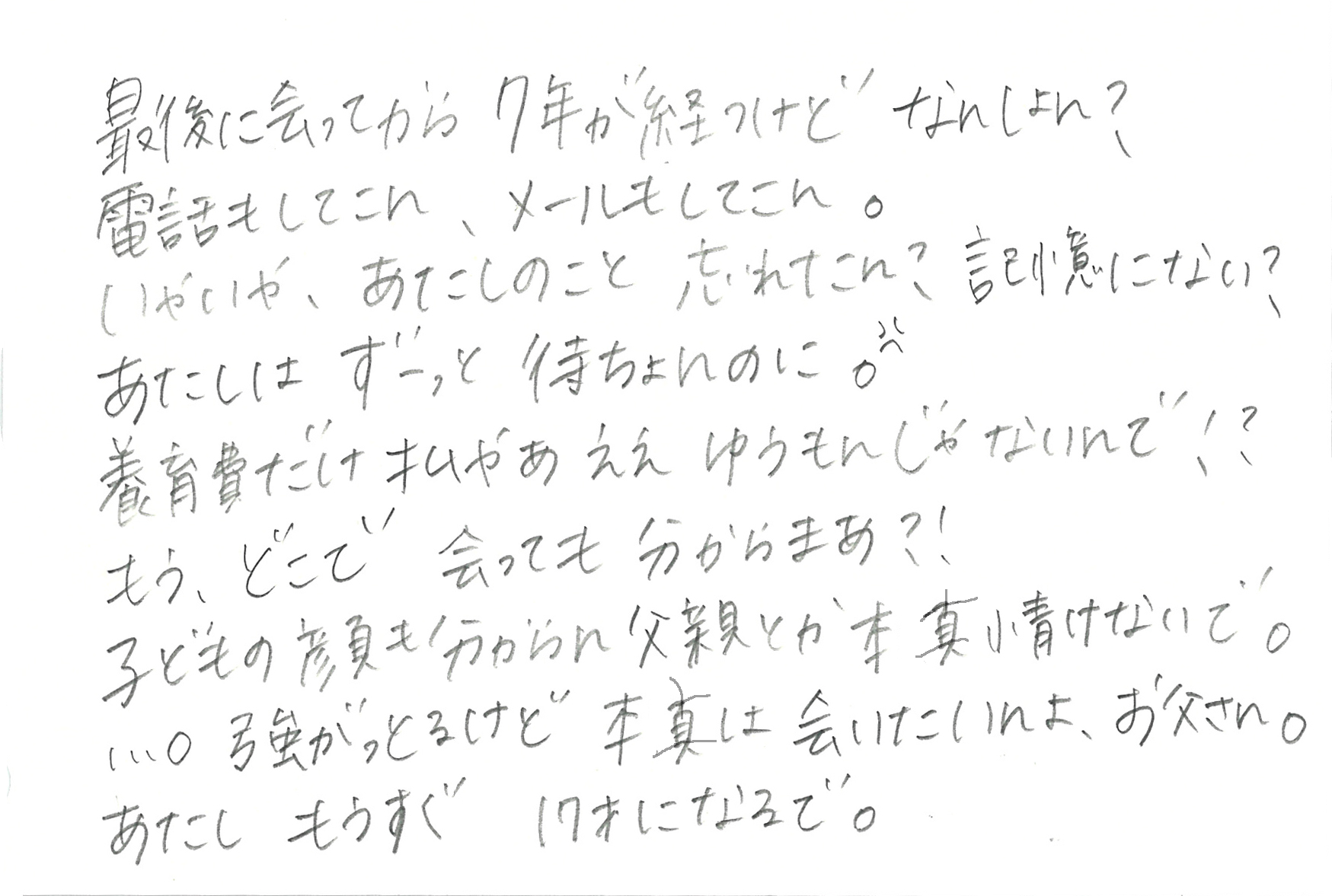 最後に会ってから7年が経つけどなんしょん？ 電話もしてこん、メールもしてこん。 いやいや、あたしのこと　忘れたん？ 記憶にない？ あたしはずーっと待ちょんのに。💢 養育費だけ払やあええゆうもんじゃないんで!? もう、どこで会っても分からまあ?！ 子どもの顔も分からん父親とか本真情けないで。 …。強がっとるけど本真は会いたいんよ、お父さん。 あたし　もうすぐ17才になるで