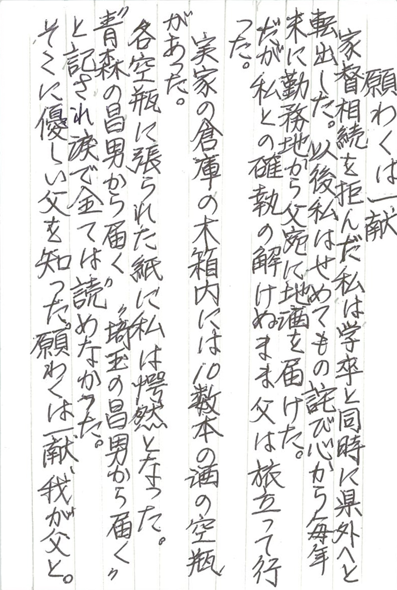 願わくは一献 家督相続を拒んだ私は学卒と同時に県外へと転出した。 以後私はせめてもの詫び心から毎年末に勤務地から父宛に地酒を届けた。 だが私との確執の解けぬまま父は旅立って行った。 実家の倉庫の木箱内には十数本の酒の空瓶があった。 各空瓶に張られた紙に私は愕然となった。 〝青森の昌男から届く〟〝埼玉の昌男から届く〟と記され 涙で全ては読めなかった。 そこに優しい父を知った。願わくは一献、我が父と