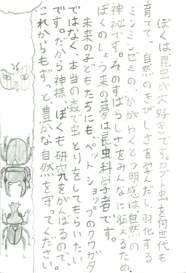 　ぼくは、昆虫が大好きです。カブト虫を何世代も育てて、自然のきびしさを学んだし、 羽化するミンミンゼミの、かがやくとう明感は、自然の神秘です。 そのすばらしさをみんなに伝えるため、ぼくのしょう来の夢は昆虫科学者です。 未来の子どもたちにも、ペットショップのクワガタではなく、 本当の森で虫とりをしてもらいたいです。 だから神様、ぼくも研究をがんばるので、 これからもずっと、豊かな自然を守ってください。