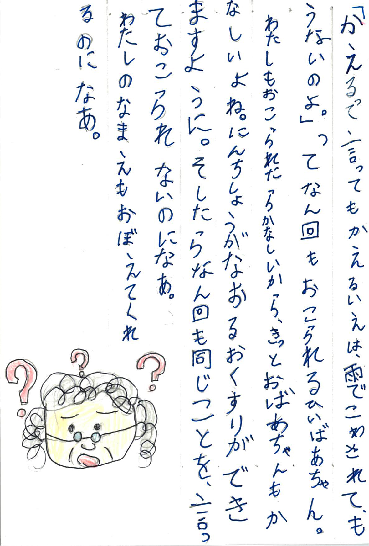 「かえるって言ってもかえるいえは、雨でこわされて、もうないのよ。」 ってなん回もおこられるひいばあちゃん。 わたしもおこられたらかなしいから、きっとおばあちゃんもかなしいよね。 にんちしょうがなおるおくすりができますように。 そしたらなん回も同じことを、言っておこられないのになあ。 わたしのなまえもおぼえてくれるのになあ。