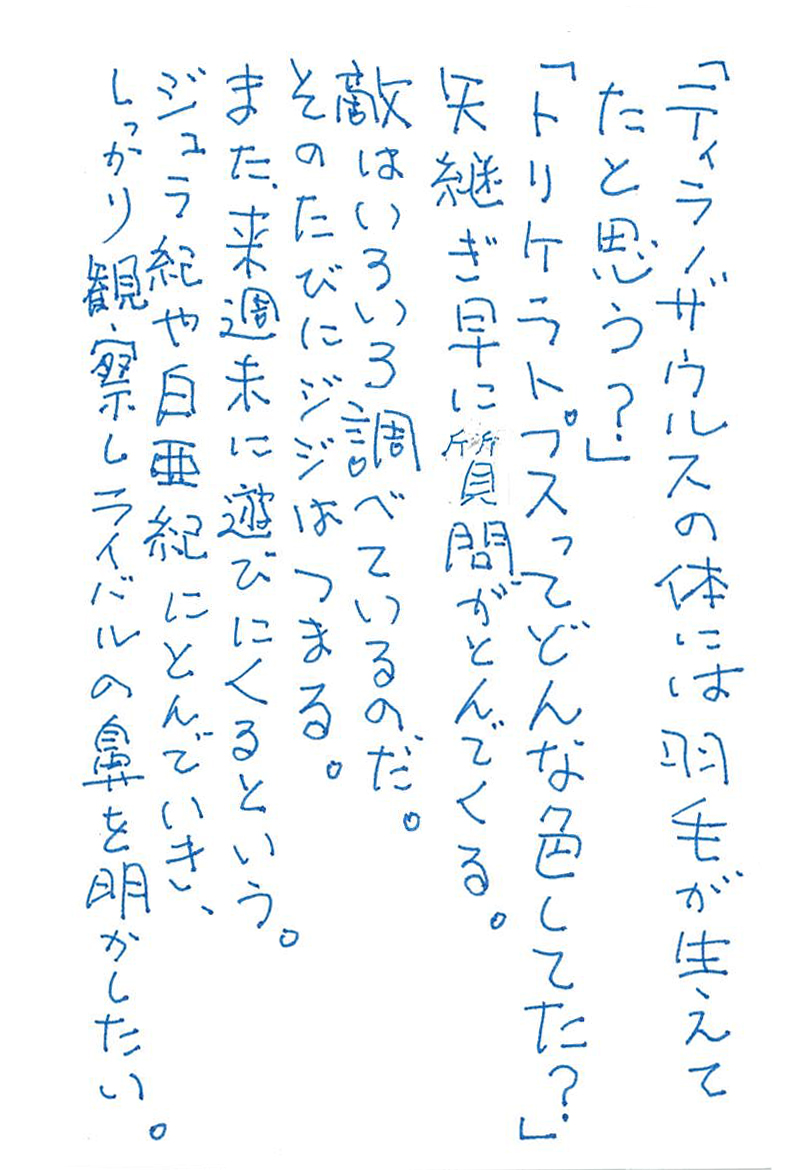 「ティラノザウルスの体には羽毛が生えてたと思う？」 「トリケラトプスってどんな色してた？」 矢継ぎ早に質問がとんでくる。 敵はいろいろ調べているのだ。 そのたびにジジはつまる。 また、来週末に遊びにくるという。 ジュラ紀や白亜紀にとんでいき、 しっかり観察しライバルの鼻を明かしたい。