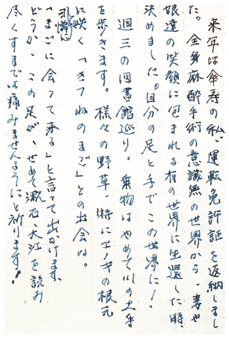 来年は傘寿の私。 運転免許証を返納しました。 全身麻酔手術の意識無むの世界から、 妻や娘達の笑顔に包まれる有ゆうの世界に生還した時、決めました。 自分の足と手でこの世界に！ 週三の図書館巡り。 乗物はやめて川の土手を歩きます。 様々の野草、特にエノキの根元に可憐に咲く「きつねのまご」との出会い。 「まごに会って来る」と言って出かけます。 どうか、この足が、せめて漱石、大江を読み尽くすまでは 痛みませんようにと祈ります！