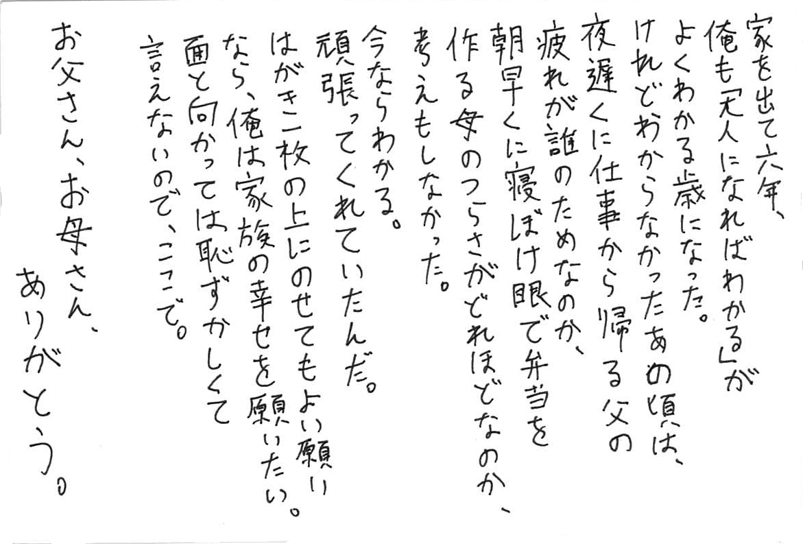 家を出て六年、 俺も「大人になればわかる」がよくわかる歳になった。 けれどわからなかったあの頃は、 夜遅くに仕事から帰る父の疲れが誰のためなのか、 朝早くに寝ぼけ眼で弁当を作る母のつらさがどれほどなのか、 考えもしなかった。 今ならわかる。 頑張ってくれていたんだ。 はがき一枚の上にのせてもよい願いなら、 俺は家族の幸せを願いたい。 面と向かって恥ずかしくていえないので、ここで。 お父さん、お母さん、ありがとう