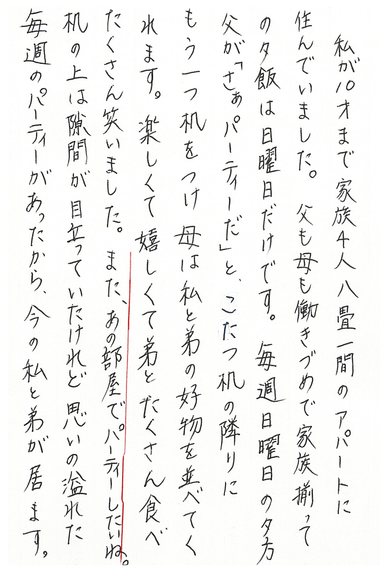 私が10才まで　家族４人八畳一間のアパートに住んでいました。 父も母も働きづめで家族揃っての夕飯は日曜日だけです。 毎週日曜日の夕方　父が「さぁパーティ―だ」と、こたつ机の隣りに もう一つ机をつけ　母は私と弟の好物を並べてくれます。 楽しくて嬉しくて弟とたくさん食べ　たくさん笑いました。 また、あの部屋でパーティ―したいね。 机の上は隙間が目立っていたけれど　思いの溢れた毎週のパーティーがあったから、 今の私と弟が居ます。