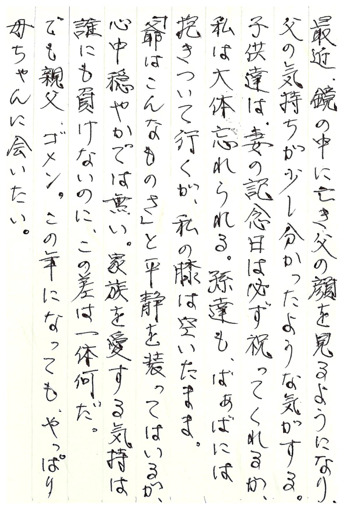 最近、鏡の中に亡き父の顔を見るようになり、 父の気持ちが少し分かったような気がする。 子供達は、妻の記念日は必ず祝ってくれるが、私は大体忘れられる。 孫達も、ばぁばには抱きついて行くが、私の膝は空いたまま。 「爺はこんなものさ」と平静を装ってはいるが、心中穏やかでは無い。 家族を愛する気持は誰にも負けないのに、この差は一体何だ。 でも親父、ゴメン。 この年になっても、やっぱり母ちゃんに会いたい。