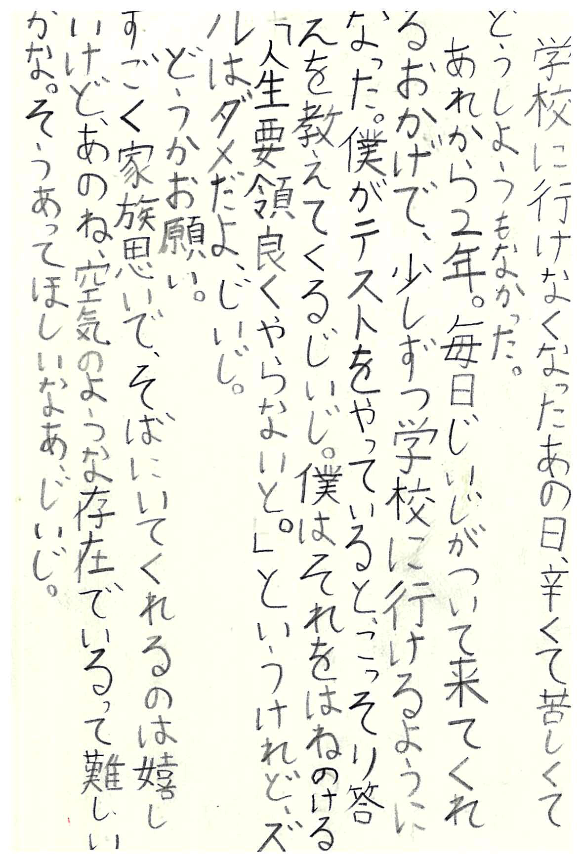 学校に行けなくなったあの日、辛くて苦しくてどうしようもなかった。 あれから２年。 毎日じいじがついて来てくれるおかげで、 少しずつ学校に行けるようになった。 僕がテストをやっていると、こっそり答えを教えてくるじいじ。 僕はそれをはねのける。 「人生要領良くやらないと。」というけれど、 ズルはダメだよ、じいじ。 どうかお願い。 すごく家族思いで、そばにいてくれるのは嬉しいけど、 あのね、空気のような存在でいるって難しいかな。 そうあってほしいなあ、じいじ。