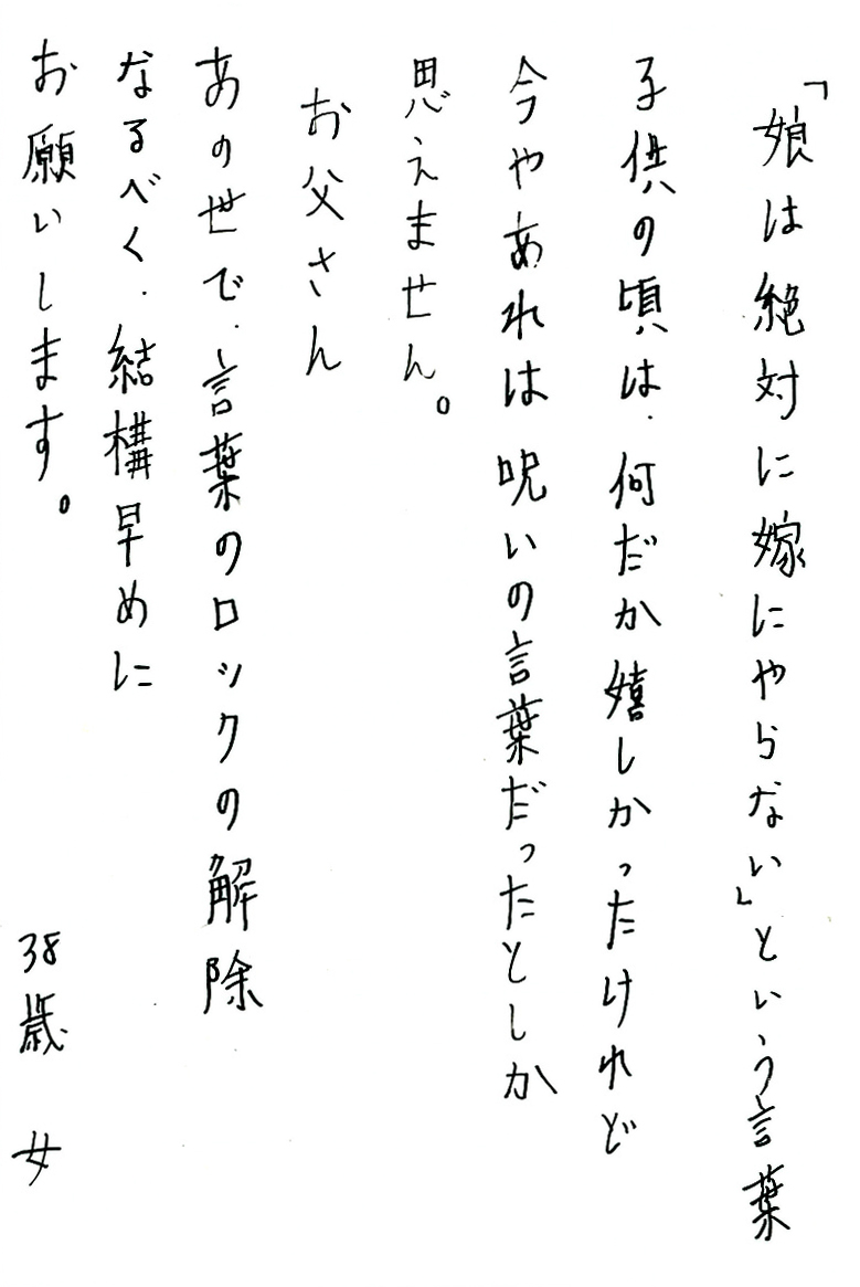 「娘は絶対に嫁にやらない」という言葉 子供の頃は、何だか嬉しかったけれど 今やあれは呪いの言葉だったとしか思えません。 お父さん。 あの世で、言葉のロックの解除 なるべく、結構早めにお願いします。