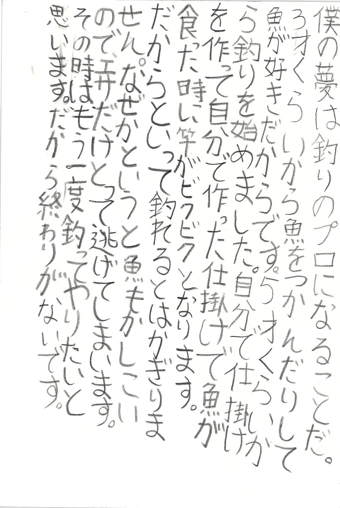 僕の夢は釣りのプロになることだ。 ３才くらいから魚をつかんだりして 魚が好きだからです。 ５才くらいから釣りを始めました。 自分で仕掛けを作って自分で作った仕掛けで 魚が食った時に竿がビクビクとなります。 だからといって釣れるとはかぎりません。 なぜかというと魚もかしこいので、 エサだけとって逃げてしまいます。 その時はもう一度釣ってやりたいと思います。 だから終わりがないです。