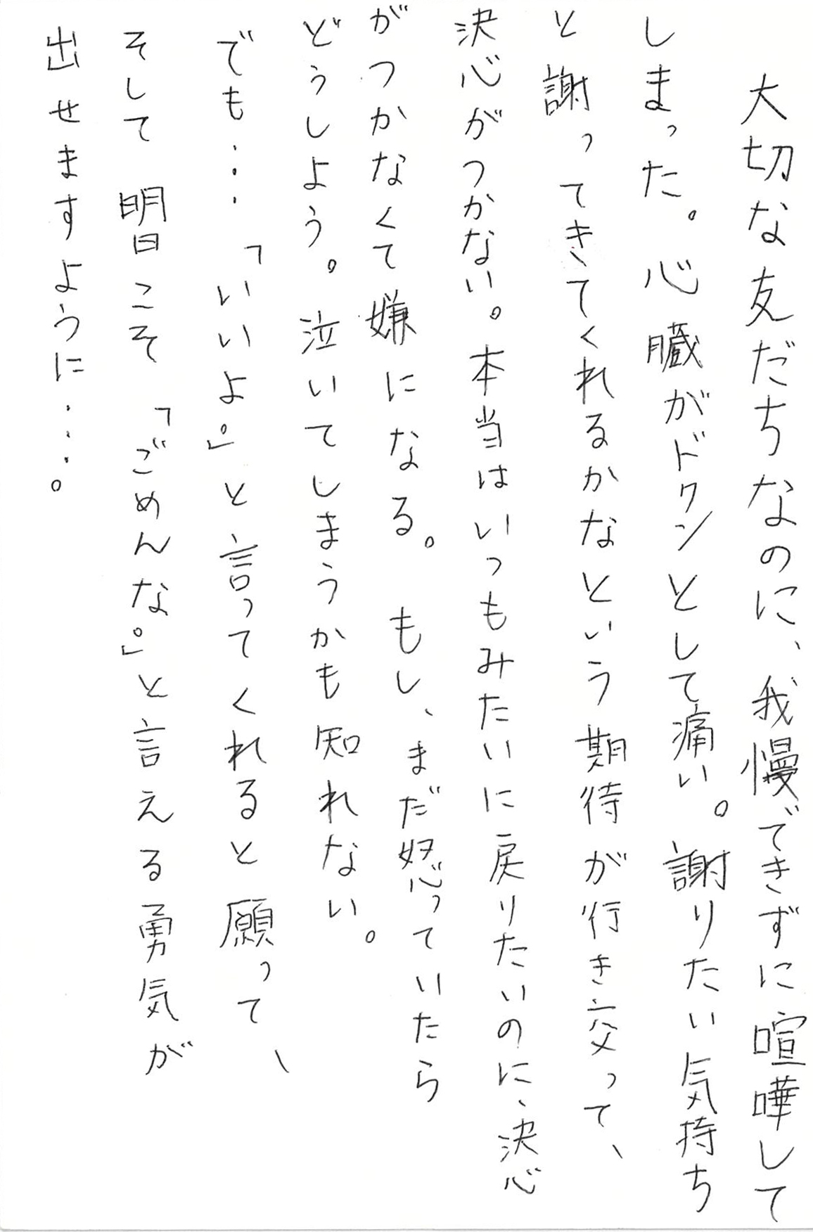 大切な友だちなのに、我慢できずに喧嘩してしまった。 心臓がドクンとして痛い。 謝りたい気持ちと謝ってきてくれるかなという期待が行き交って、 決心がつかない。 本当はいつもみたいに戻りたいのに、 決心がつかなくて嫌になる。 もし、まだ怒っていたらどうしよう。 泣いてしまうかも知れない。 でも……「いいよ。」と言ってくれると願って、そして明日こそ 「ごめんな。」 と言える勇気が出せますように……。