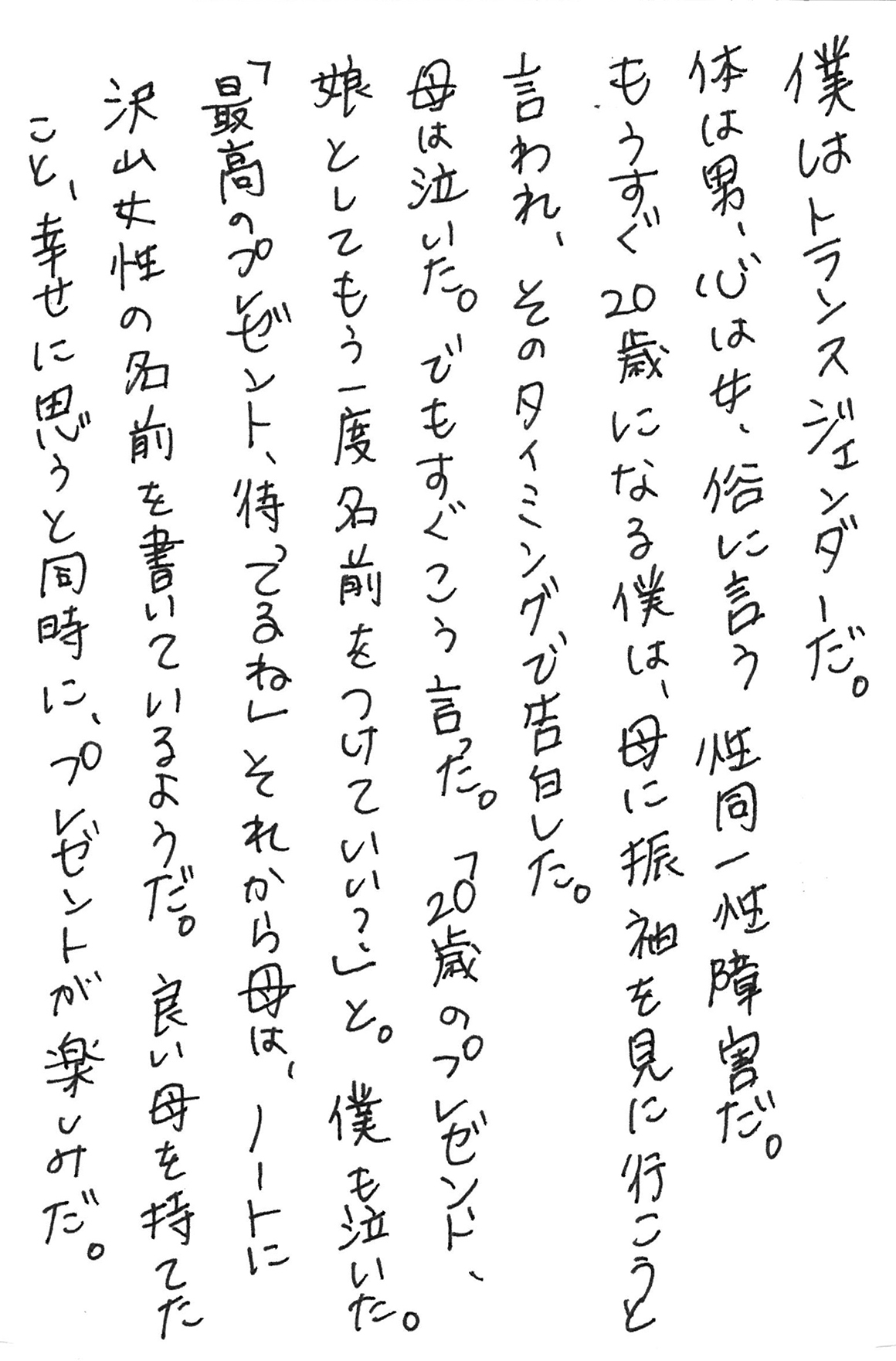 僕はトランスジェンダーだ。 体は男、心は女、俗に言う性同一性障害だ。 もうすぐ20歳になる僕は、母に振袖を見に行こうと言われ、そのタイミングで告白した。 母は泣いた。でもすぐこう言った。 「20歳のプレゼント、娘としてもう一度名前をつけていい？」と。 僕も泣いた。 「最高のプレゼント、待ってるね」 それから母は、ノートに沢山女性の名前を書いているようだ。 良い母を持てたこと、幸せに思うと同時に、プレゼントが楽しみだ。
