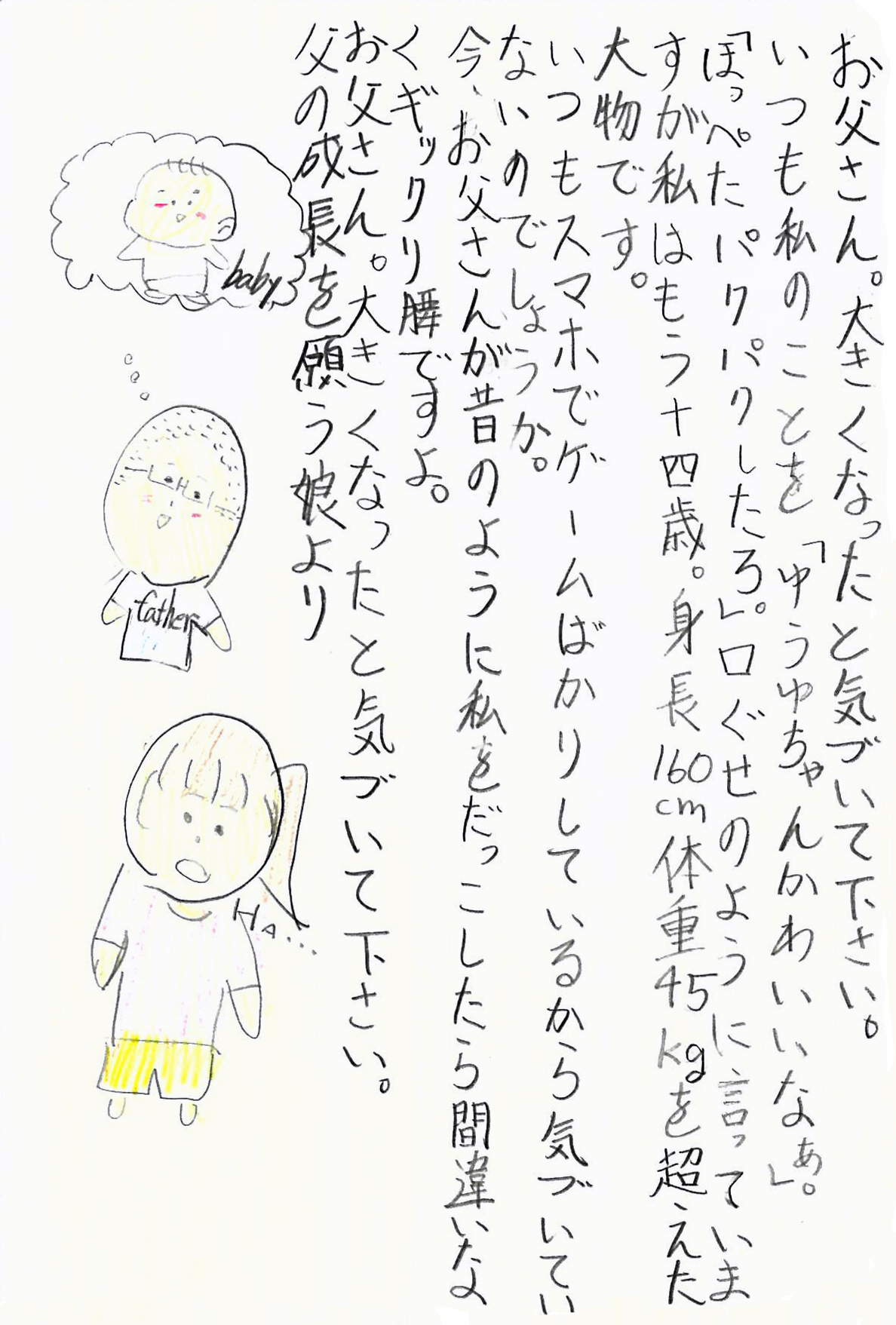 お父さん。 大きくなったと気づいて下さい。 いつも私のことを「ゆうゆちゃんかわいいなぁ。」 「ほっぺたパクパクしたろ。」 口ぐせのように言っていますが私はもう十四歳。 身長160cm体重45kgを超えた大物です。 いつもスマホでゲームばかりしているから気づいていないのでしょうか。 今、お父さんが昔のように私をだっこしたら間違いなくギックリ腰ですよ。 お父さん。 大きくなったと気づいて下さい。 父の成長を願う娘より