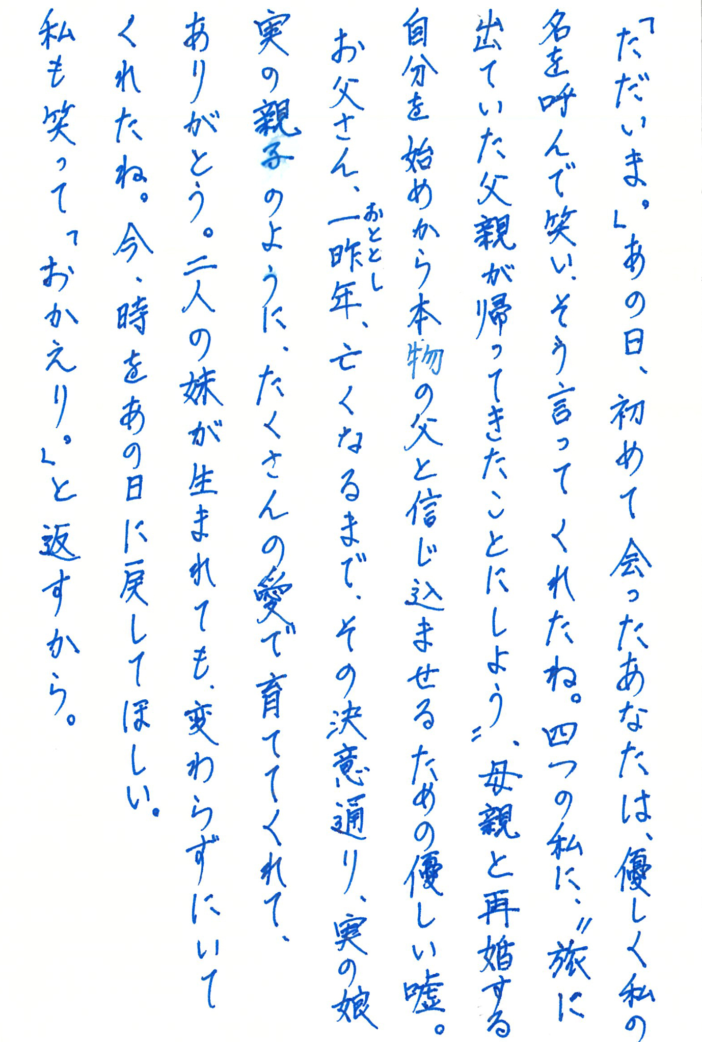 「ただいま。」 あの日、初めて会ったあなたは、優しく私の名を呼んで笑い、そう言ってくれたね。 四つの私に、〝旅に出ていた父親が帰ってきたことにしよう〟 母親と再婚する自分を始めから本物の父と信じ込ませるための優しい嘘。 お父さん、一昨年(おととし)、亡くなるまで、その決意通り、実の娘 実の親子のように、たくさんの愛で育ててくれて、ありがとう。 二人の妹が生まれても、変わらずにいてくれたね。 今、時をあの日に戻してほしい。 私も笑って「おかえり。」と返すから。