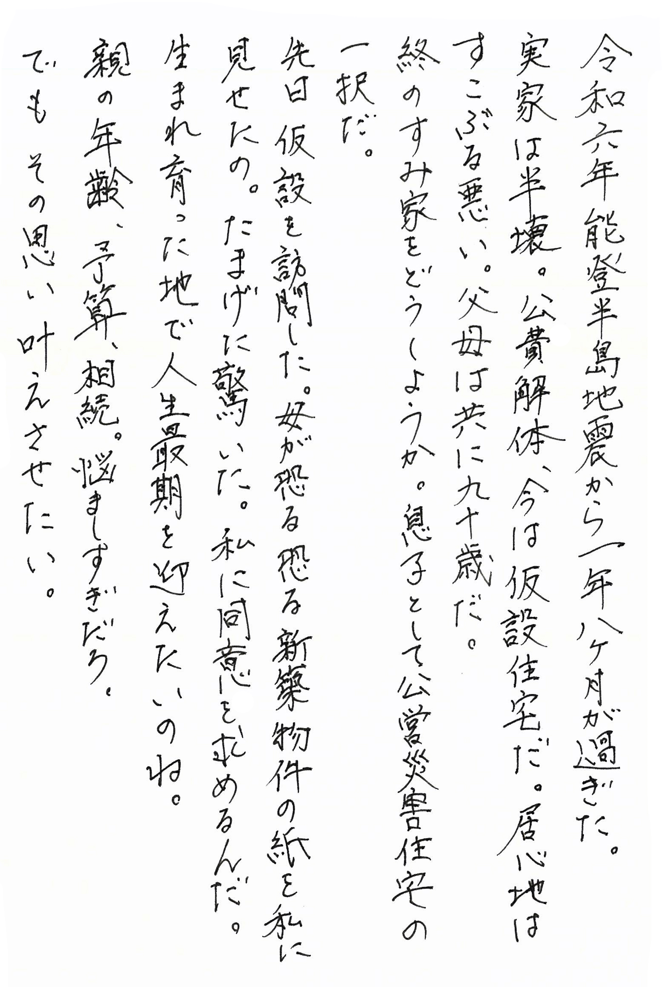令和六年能登半島地震から一年八ヶ月が過ぎた。 実家は半壊。公費解体、今は仮設住宅だ。 居心地はすこぶる悪い。 父母は共に九十歳だ。 終のすみ家をどうしようか。 息子として公営災害住宅の一択だ。 先日仮設を訪問した。 母が恐る恐る新築物件の紙を私に見せたの。 たまげた驚いた。私に同意を求めるんだ。 生まれ育った地で人生最期を迎えたいのね。 親の年齢、予算、相続。悩ましすぎだろ。 でも その思い 叶えさせたい。