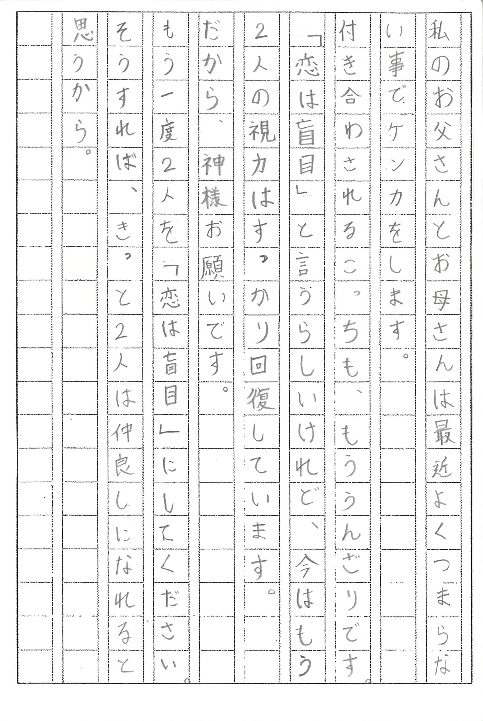 私のお父さんとお母さんは最近よくつまらない事でケンカをします。 付き合わされるこっちも、もううんざりです。 「恋は盲目」と言うらしいけれど、今はもう2人の視力はすっかり回復しています。 だから、神様お願いです。 もう一度2人を「恋は盲目」にしてください。 そうすれば、きっと2人は仲良しになれると思うから。